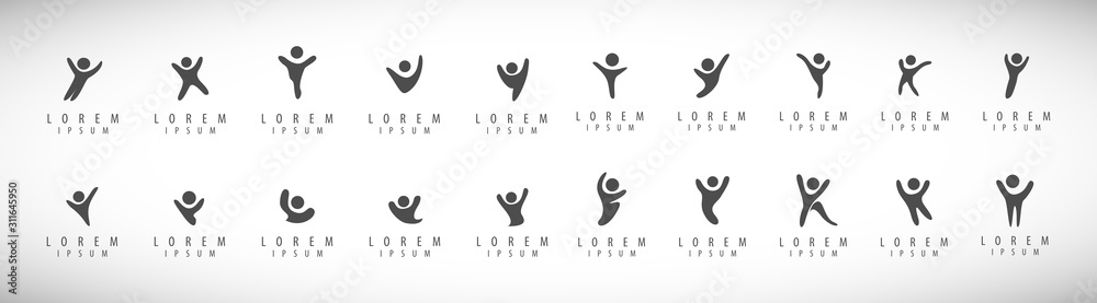 Abstract People Logo Set. Human Figure Isolated On Gray Background. Icons Collection For Human Success, Celebration Logo, Achievement Symbol And Activity. Different Happy People. Figure Logo, Vector - obrazy, fototapety, plakaty 
