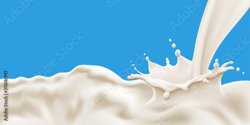 Fotomural Splashing and flowing milk wave on blue background