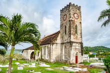 Saint Mary Parish Church In Port Maria, Jamaica, An Anglican House Of Worship With A Graveyard, On The Beach Coast Of The Town. This Brick And Mortar Building Structure Was Built In The 19th Century.