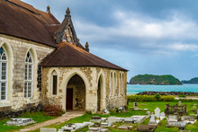 Saint Mary Parish Church In Port Maria, Jamaica, An Anglican House Of Worship With A Graveyard, On The Beach Coast Of The Town. This Brick And Mortar Building Structure Was Built In The 19th Century.