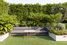 Modern Sofa And Furniture On Rooftop Garden.
