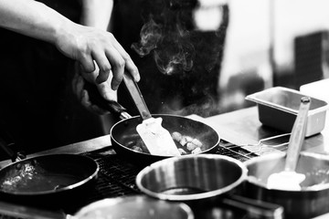 Chef cooking, Chef preparing food in the kitchen, Chef decorating dish, closeup.