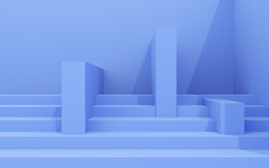 Fototapete - Minimal interior space with geometric form and blue color,Sun light cast the shadow on wall. 3D rendering.
