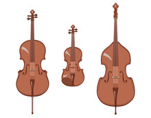 Violin, Cello And Contrabass. Stringed Instruments Set.