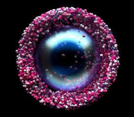 3d render of abstract matte 3d ball as core with round gradient blue to white color with opacity and small particles glossy balls around in pink white and blue color on black background