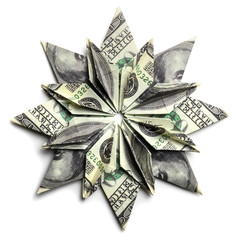 A 100 dollar bill in the shape of a snowflake on a white background