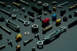 Metal bolts, nuts, and washers. Fasteners equipment. Hardware tools. Different types of nuts, bolts, and screws on table in workshop. Mechanic tools. Threaded fastener use in automotive engineering.