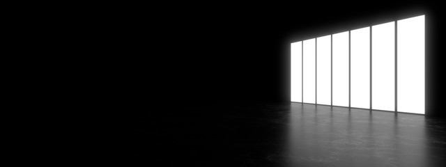 Poster - Empty dark space illuminated by a large rectangular lamp. Blurry reflections on the concrete floor. 3d rendering image.