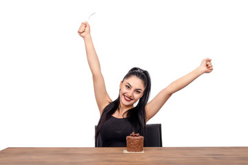 Wall Mural -  girl eating cake on white background