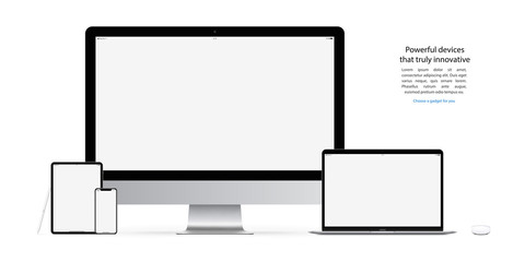 smartphone, tablet, laptop, computer monitor, mouse, and stylus with blank screen isolated on white background. detailed and realistic mockup devices and gadgets. stock vector illustration