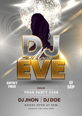 Sticker - DJ Music EVE Party Flyer Design with Silhouette Female and Shiny Silver Disco Ball on Lights Effect Grey Swirl Paint Background.