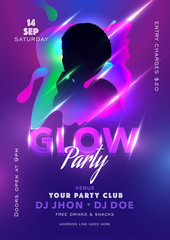 Sticker - Glow Party Flyer or Template Design with Silhouette Woman with Lights Effect on Abstract Gradient Fluid Art Background.