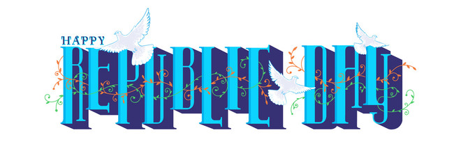 Sticker - Blue Happy Republic Day Text with Flying Pigeon and Motifs on White Background. Header or Banner Design.