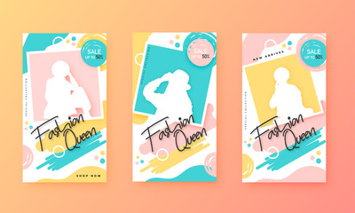 Sticker - Sale template or flyer design set with 50% discount offer and silhouette woman image on abstract background for Fashion Queen.