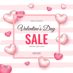 Sticker - Valentine's Day Sale Poster Design Decorated with Glossy Pink Hearts on Strip Background for Advertising Concept.