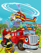 © honeyflavour - cartoon scene with fireman vehicle on the road driving through the city and helicopter flying over and fireman standing near - illustration for children