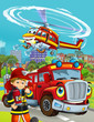 © honeyflavour - cartoon scene with fireman vehicle on the road driving through the city and helicopter flying over and fireman standing near - illustration for children