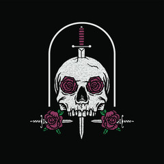 Wall Mural - Sword through a skull with a knife and roses