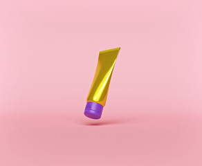 Poster - golden tube with cosmetic product isolated on pastel background. minimal and simplicity concept. 3d rendering