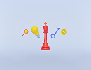 Poster - chess king, light bulb, key, coin and magnifying glass. minimal objects on pastel blue background. Business concept. 3d rendering