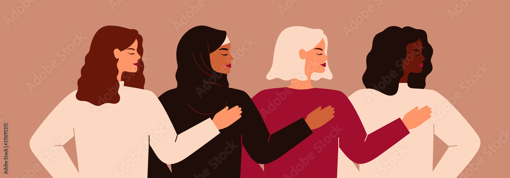 Four young strong women or girls standing together. Group of friends or feminist activists support each other. Feminism concept, girl power poster, international women's day holiday card. Vector - obrazy, fototapety, plakaty 