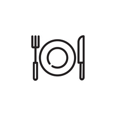 Plate with fork and knife thin line icon. Table serving, cutlery, dining isolated outline sign. Cooking concept. Vector illustration symbol element for web design and apps