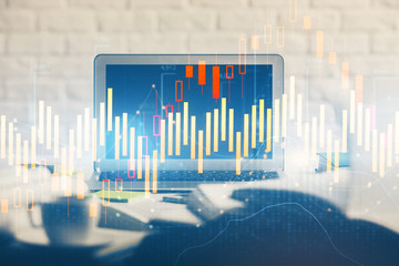 Poster - Stock market graph on background with desk and personal computer. Multi exposure. Concept of financial analysis.