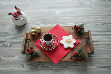 Wall Mural - Coffee cup with sugar and cookies on the wooden table