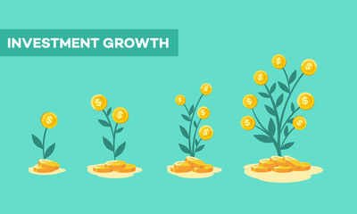 illustration of investing money. money tree plants that grow and develop from financial investment. 