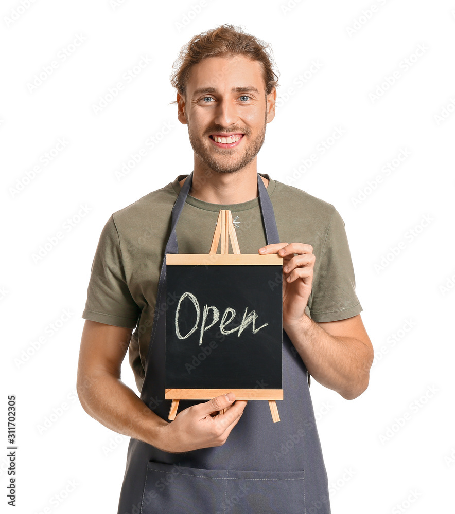 Male florist holding chalkboard with text OPEN on white background