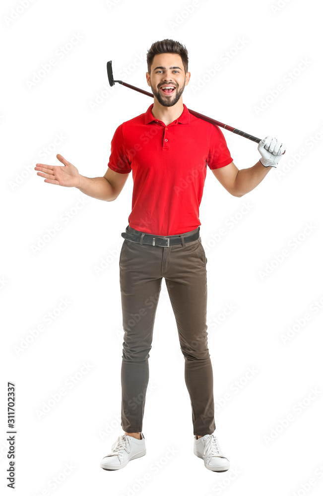 Handsome male golfer on white background