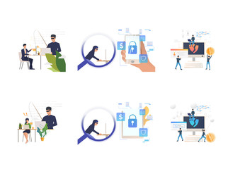 Aufkleber - Set of cyber burglars breaking private info. Flat vector illustrations of cyber criminal hacking into digital devices. Hacker attack concept for banner, website design or landing web page