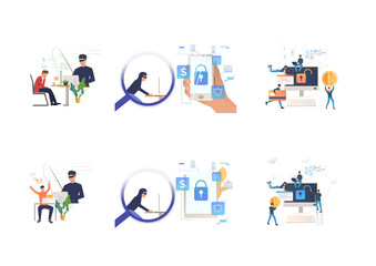 Aufkleber - Set of hackers breaking private info. Flat vector illustrations of cyber criminal hacking into digital devices. Hacker attack concept for banner, website design or landing web page