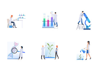 Sticker - Set of scientists making various experiments. Flat vector illustrations of technology, chemistry, laboratory, DNA. Science concept for banner, website design or landing web page