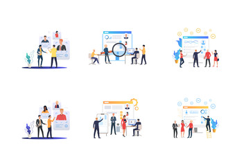 Poster - Set of recruitment agencies, applicants and job interviews. Flat vector illustrations of people studying candidates profiles. Hr, employment concept for banner, website design or landing web page