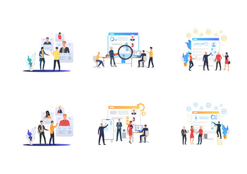 Set of recruitment agencies, applicants and job interviews. Flat vector illustrations of people studying candidates profiles. Hr, employment concept for banner, website design or landing web page