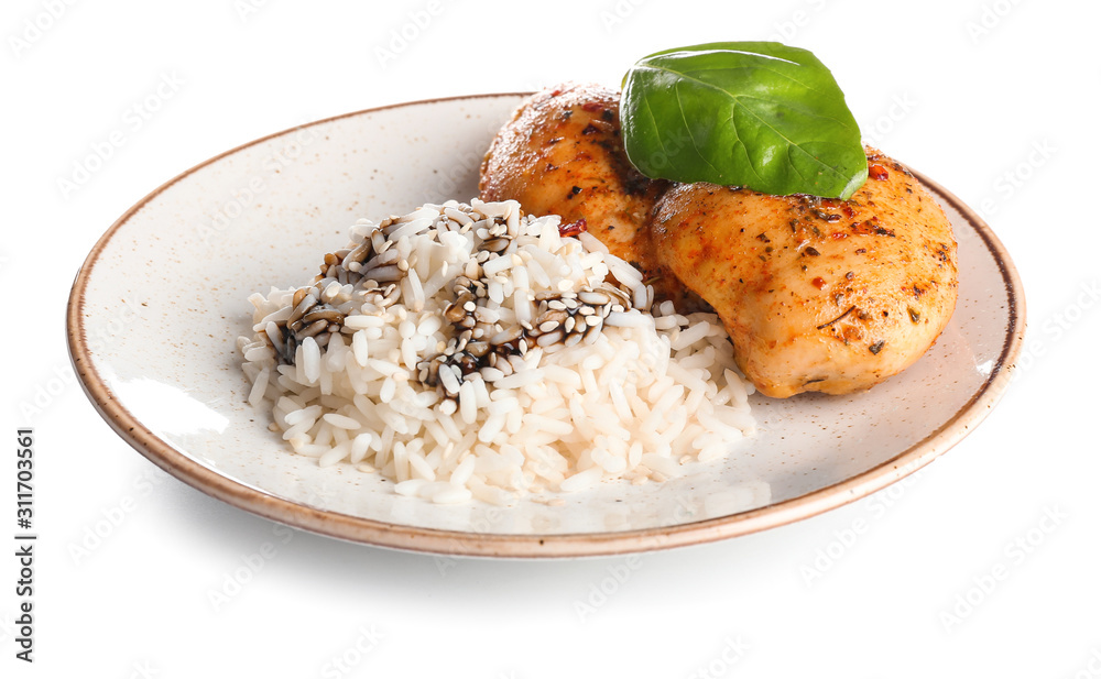 Plate with tasty rice and chicken on white background