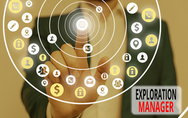 Poster - Conceptual hand writing showing Exploration Manager. Concept meaning lead and operate the mining company s is exploration