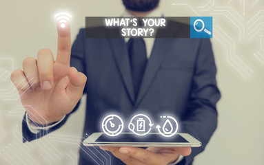 Poster - Writing note showing What S Your Story Question. Business concept for asking demonstrating about his past life actions events