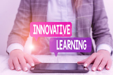 Poster - Word writing text Innovative Learning. Business photo showcasing Interdisciplinary teaching that stirs analytic thinking Business woman sitting with mobile phone on the table
