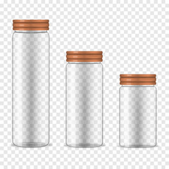 Wall Mural - Clear glass storage jars with screw bamboo lids on transparent background, vector mockup set. Empty food canisters, realistic illustration