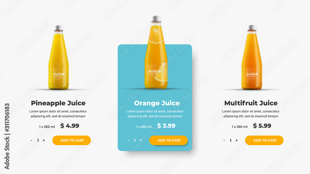UI product card template for web site. Design with interface elements, button and text for shopping products and adding to the cart.