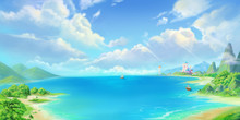 Sea Town, Seaside, Beach And Coast. Fantasy Backdrop. Concept Art. Realistic Illustration. Video Game Digital CG Artwork Background. Natural Scenery.
