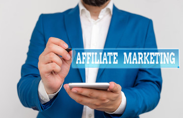 Wall Mural - Writing note showing Affiliate Marketing. Business concept for compensation to thirdparty publishers to generate leads Businessman in the blue suite with lap top pointing with finger