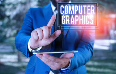 Fototapete - Text sign showing Computer Graphics. Business photo text visual representations of data displayed on a monitor Businessman in blue suite with a tie holds lap top in hands