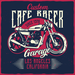 T-shirt or poster design with illustration of isolated motorcycle.