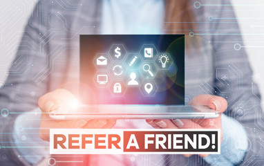 Poster - Handwriting text Refer A Friend. Conceptual photo direct someone to another or send him something like gift