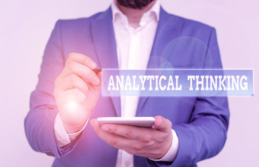 Poster - Writing note showing Analytical Thinking. Business concept for break down complex problems into simple components Businessman in the blue suite with lap top pointing with finger