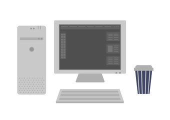Workplace with computer. Monitor, system unit, keyboard, cup of coffee. Information technology, development and marketing. Computer program, working process. Business theme. Flat vector illustration. 