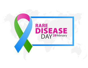 three-color ribbon for the world rare disease day on 28 of february. on a world map background.